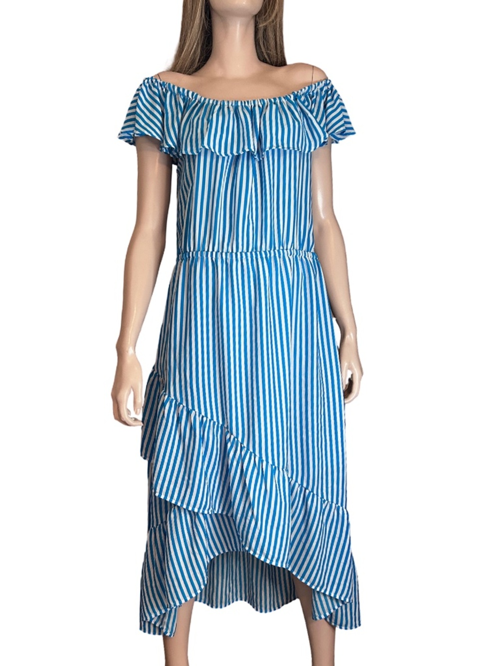 Tommy Bahama Palm Part Dress On Off Shoulder Flounce Tiered Blue White Stripe